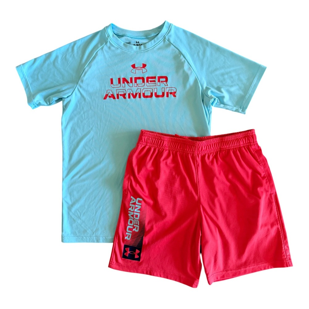 Under Armour Boys Aqua Red Athletic Shirt Shorts Outfit Set - Youth Large